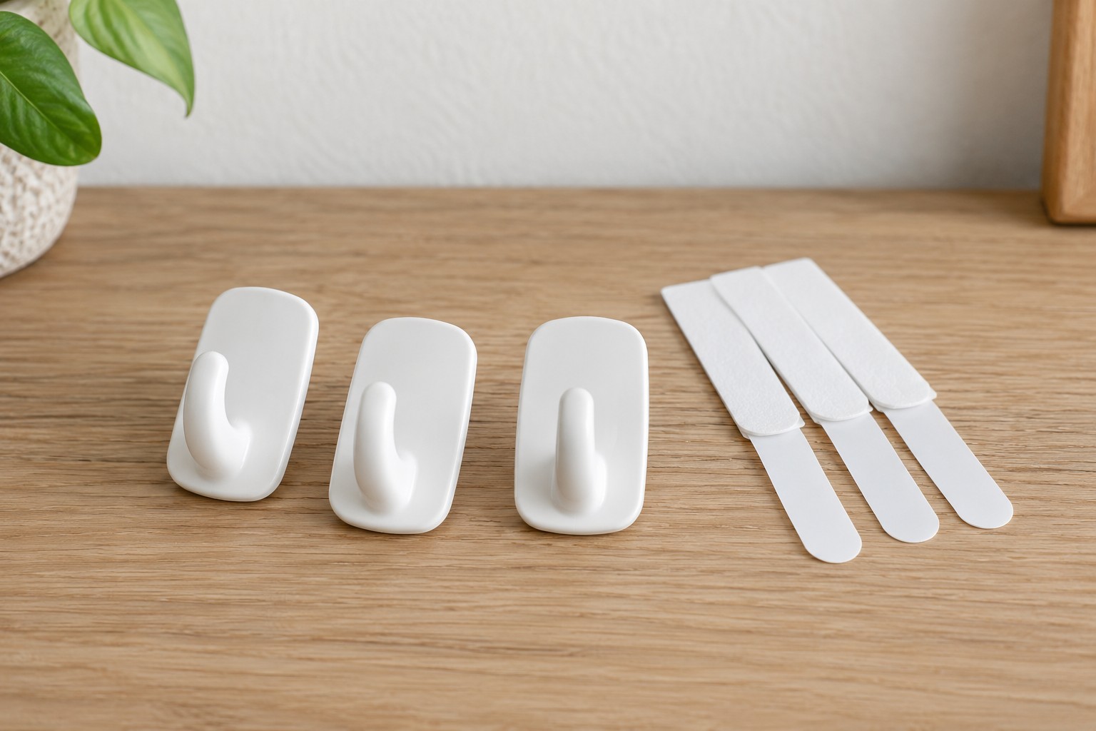 Illustrative AI image of white adhesive hooks and unused mounting strips on a wooden surface