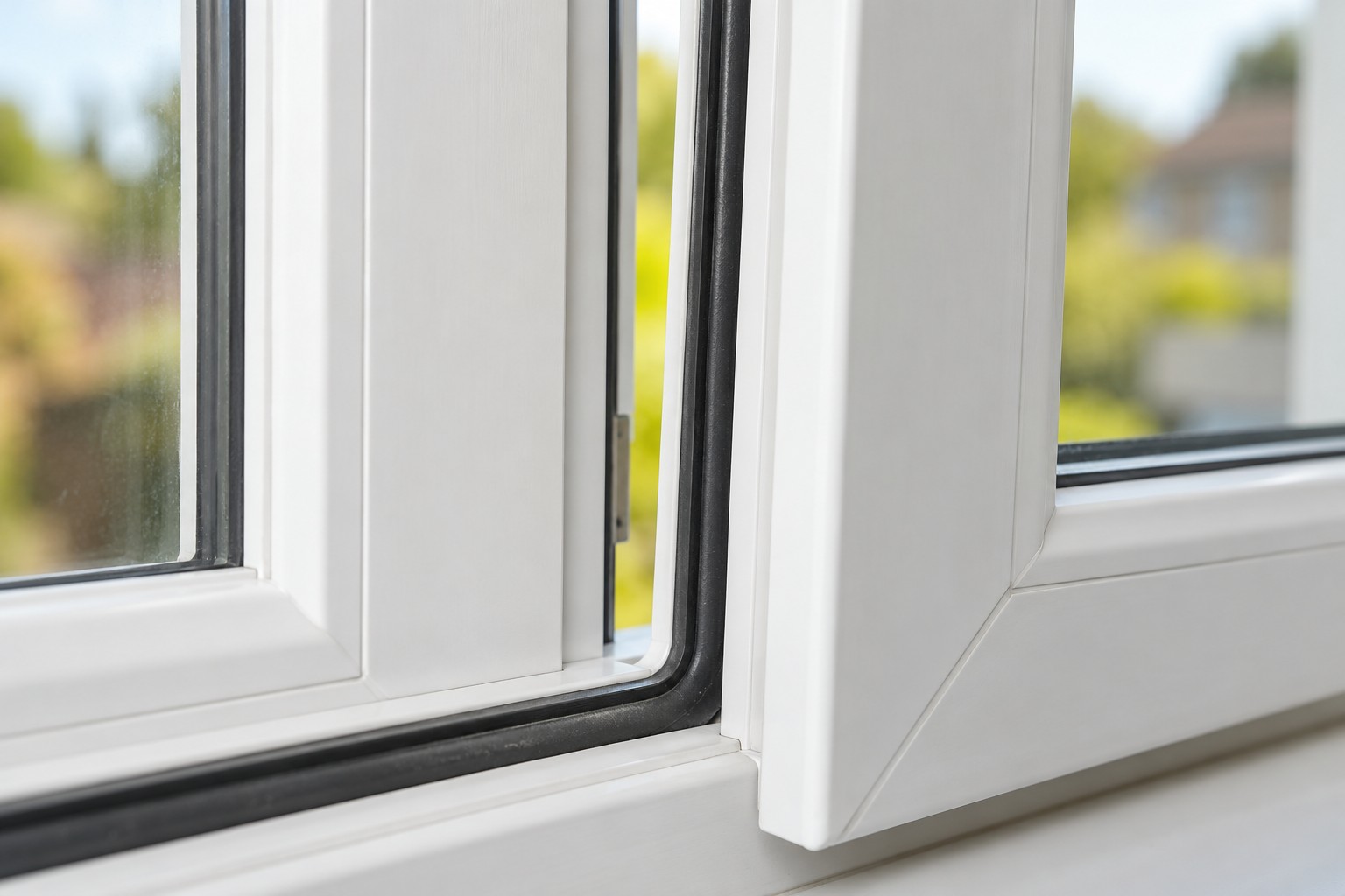 Illustrative AI image: Black rubber draught seal seated in a white window frame