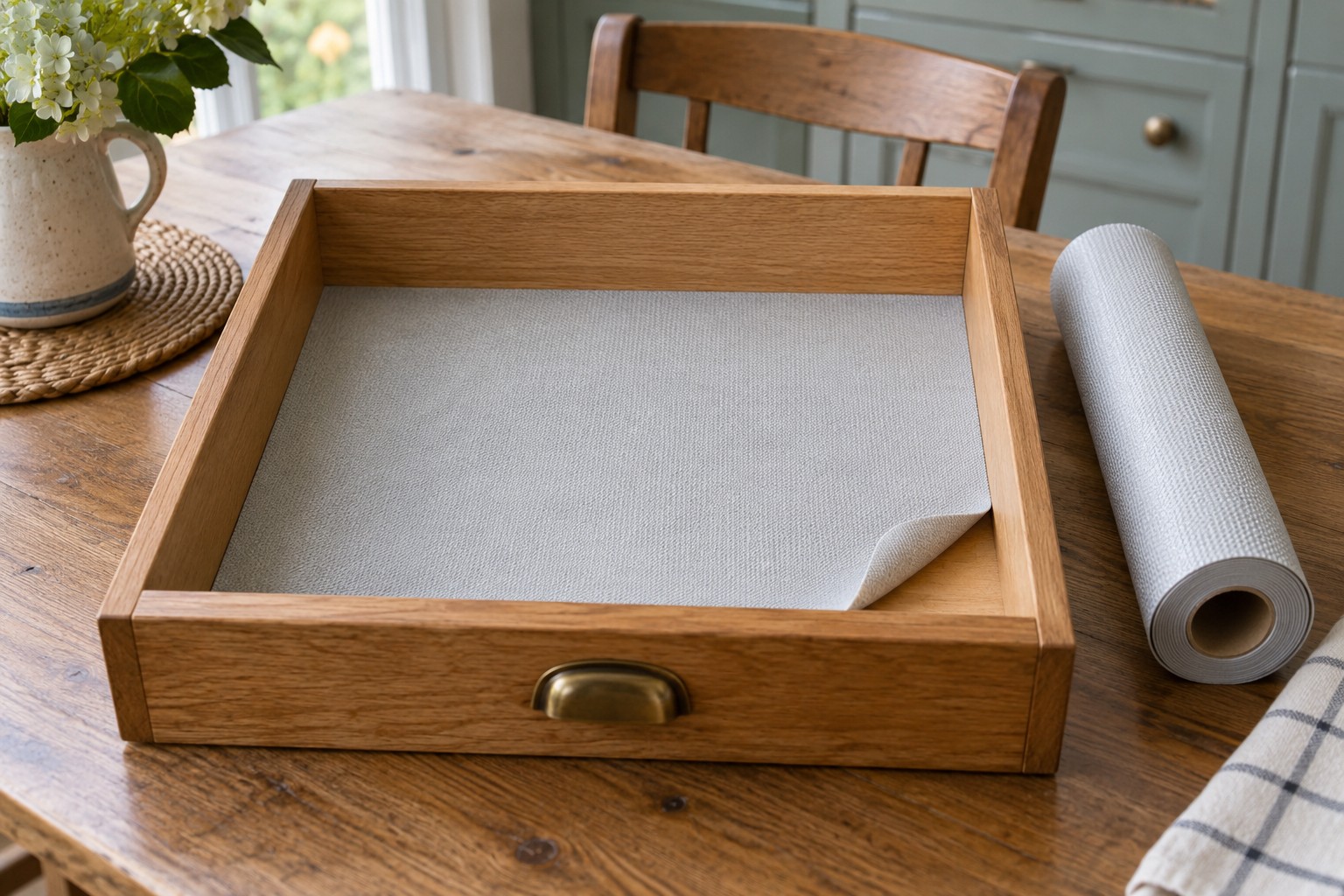 Illustrative AI image: A fitted removable liner inside a shallow wooden drawer