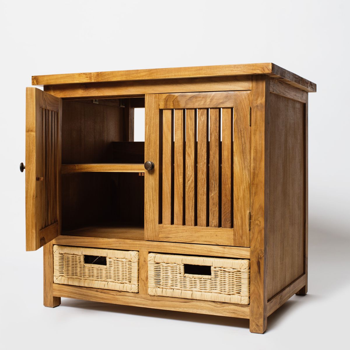 Small wooden cabinet with open storage compartments