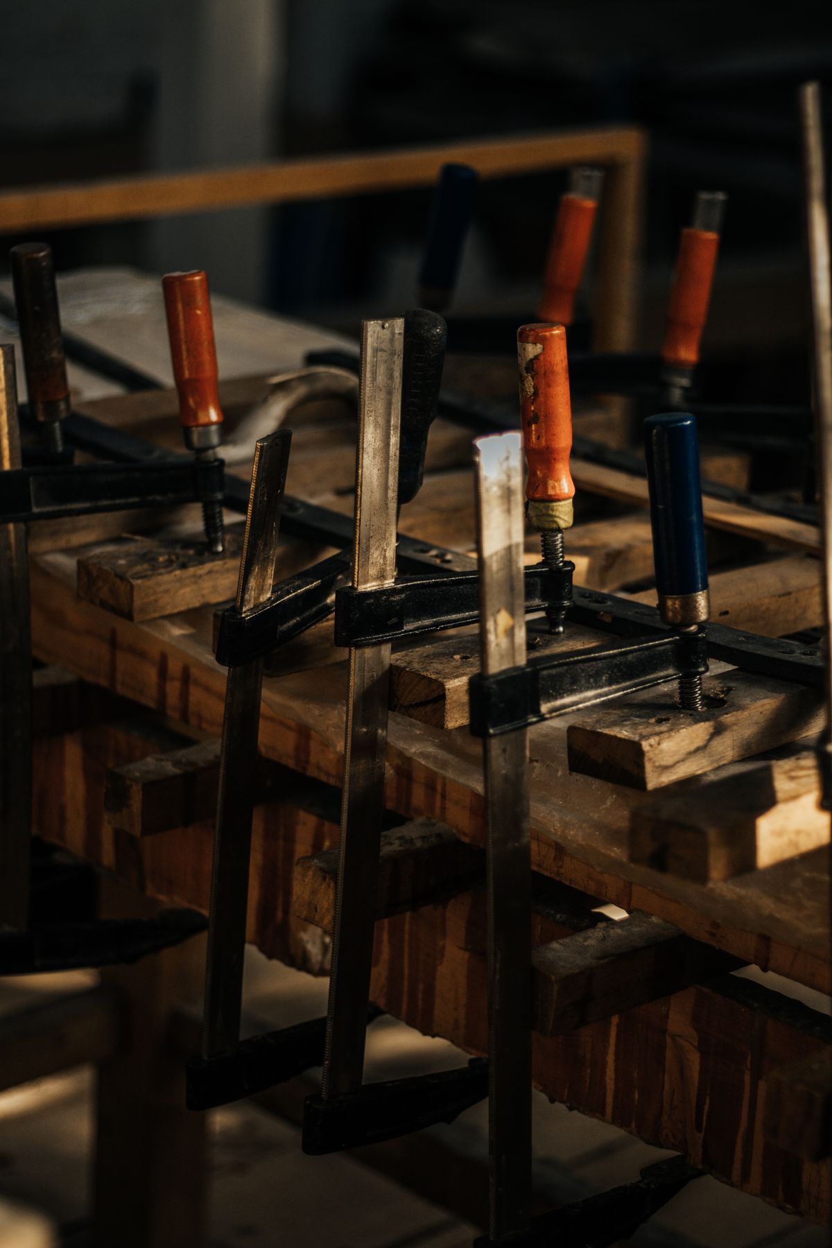 Clamps holding wooden pieces together on a workbench