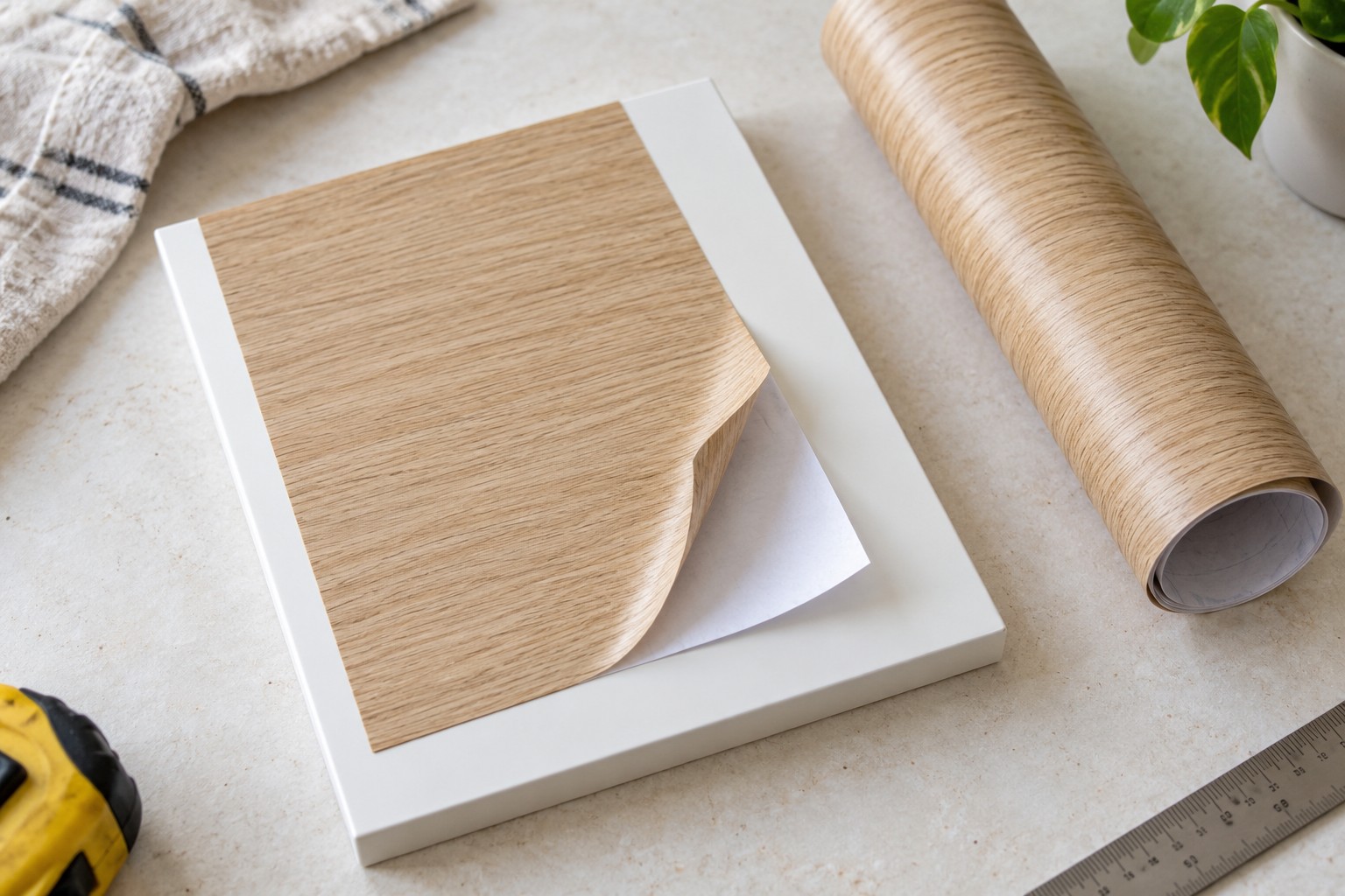Illustrative AI image: Small sample of self-adhesive decorative film with its paper backing peeled back