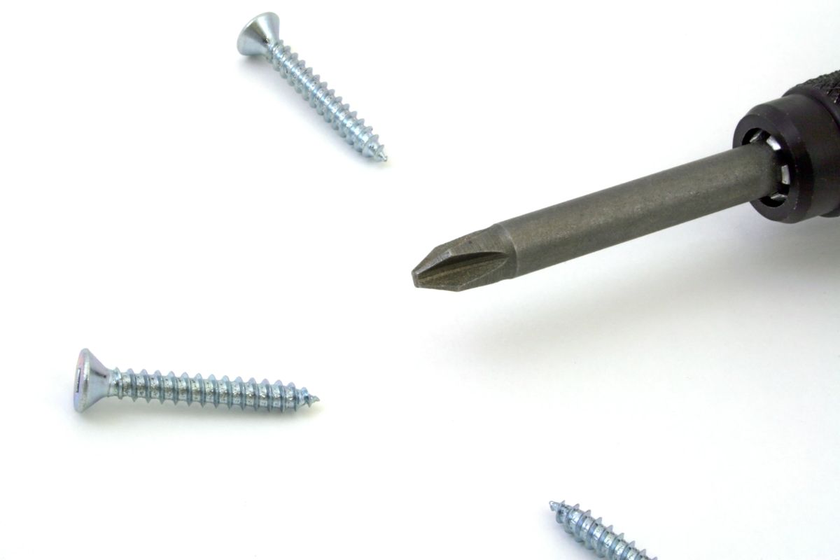 A cross-head screwdriver beside metal screws