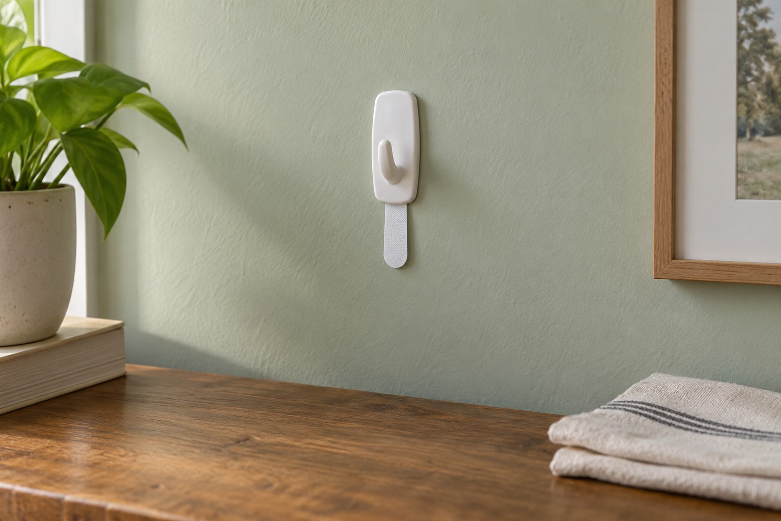 Illustrative AI image of an empty wall hook with an exposed release tab
