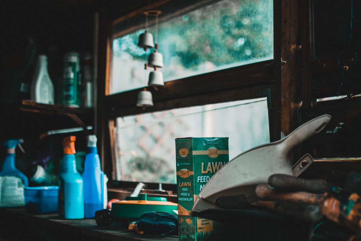 Garden shed interior with tools beside a window